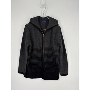 Karen Scott Sweater Womens Petite PS Gray Black Wool Full Zip Cardigan Hooded